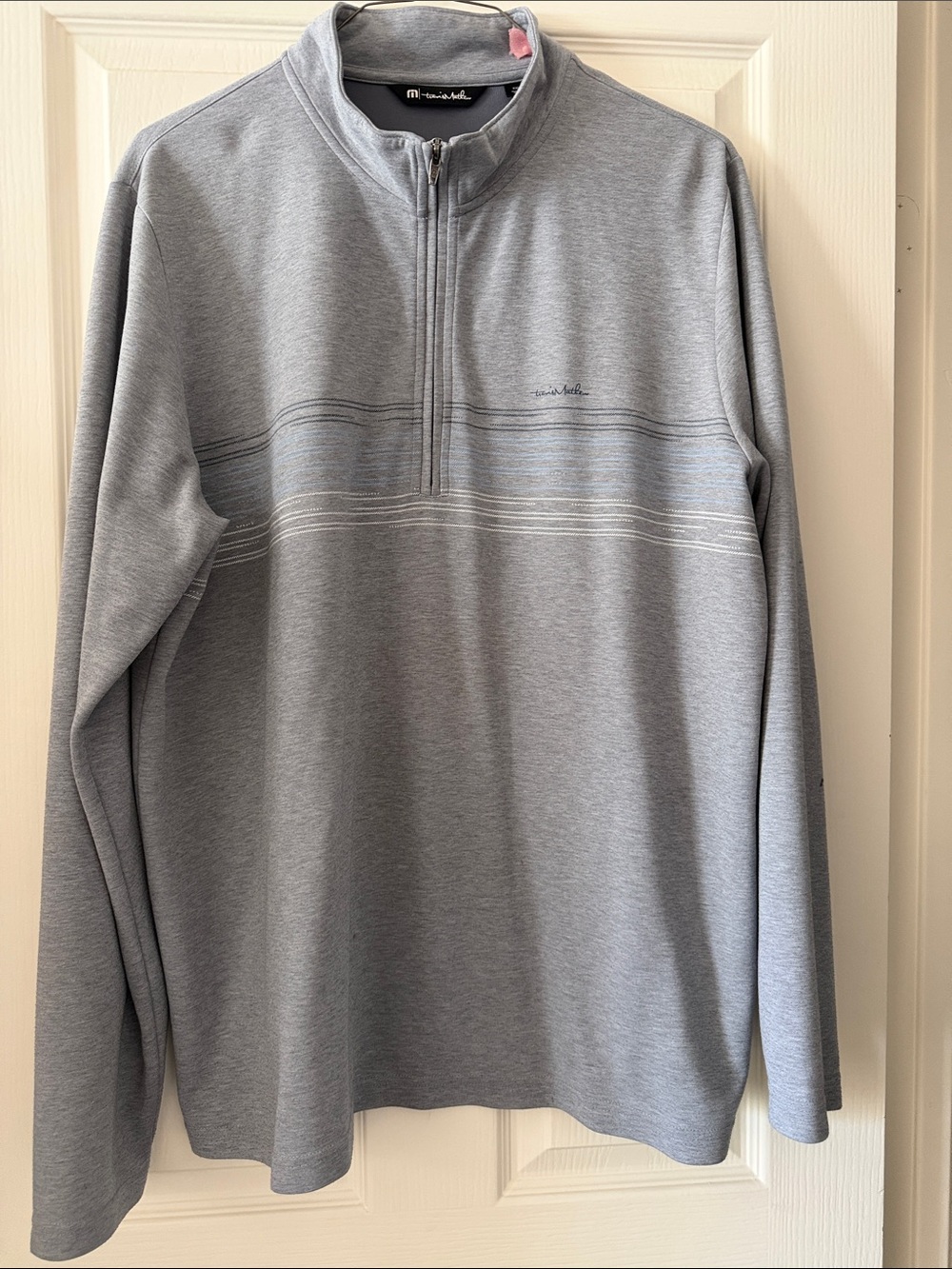 Travis Mathew Men’s Light Gray Quarter-Zip Pullover with Subtle Stripe